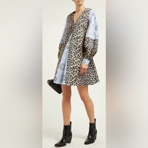 Ganni Leopard Print and Light Blue Panel Long Sleeve Dress